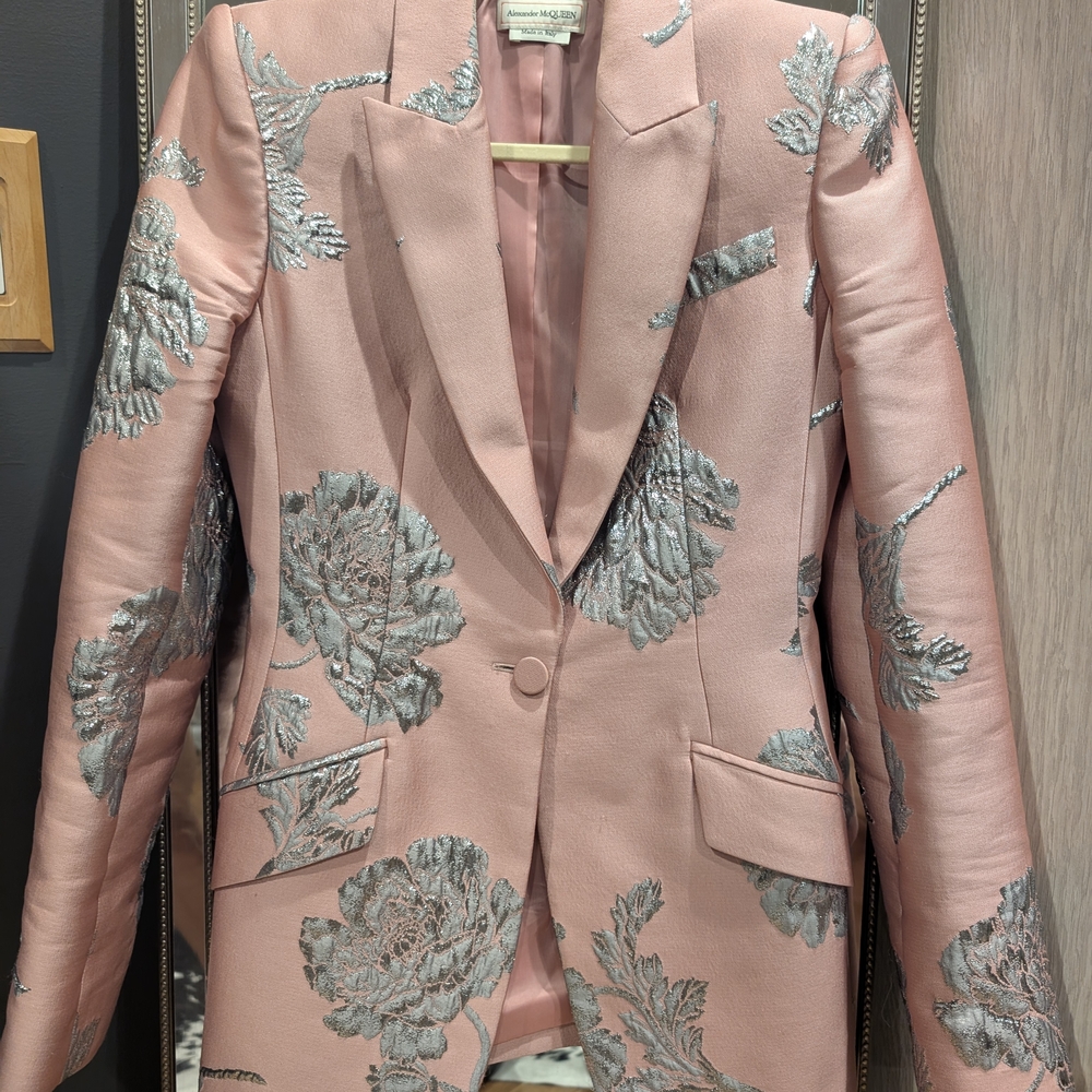 Alexander McQueen Pale Pink Blazer with Silver Floral Embroidery